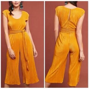 Anthropologie Maeve Sonata Marigold Crinkle Cropped Jumpsuit Belted Pleated Sz 4
